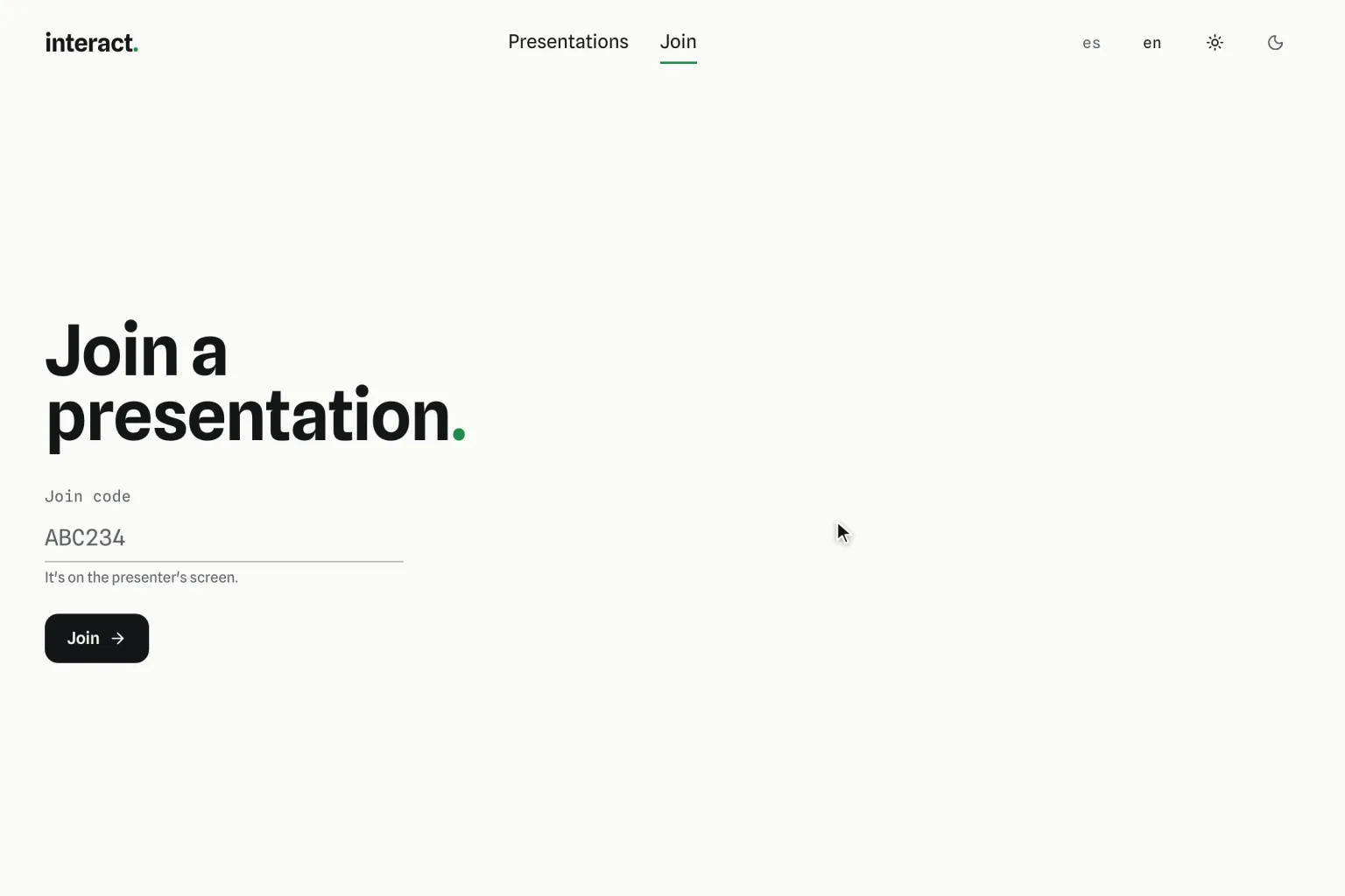 Screen to join a presentation, with a field for the join code and a Join button.