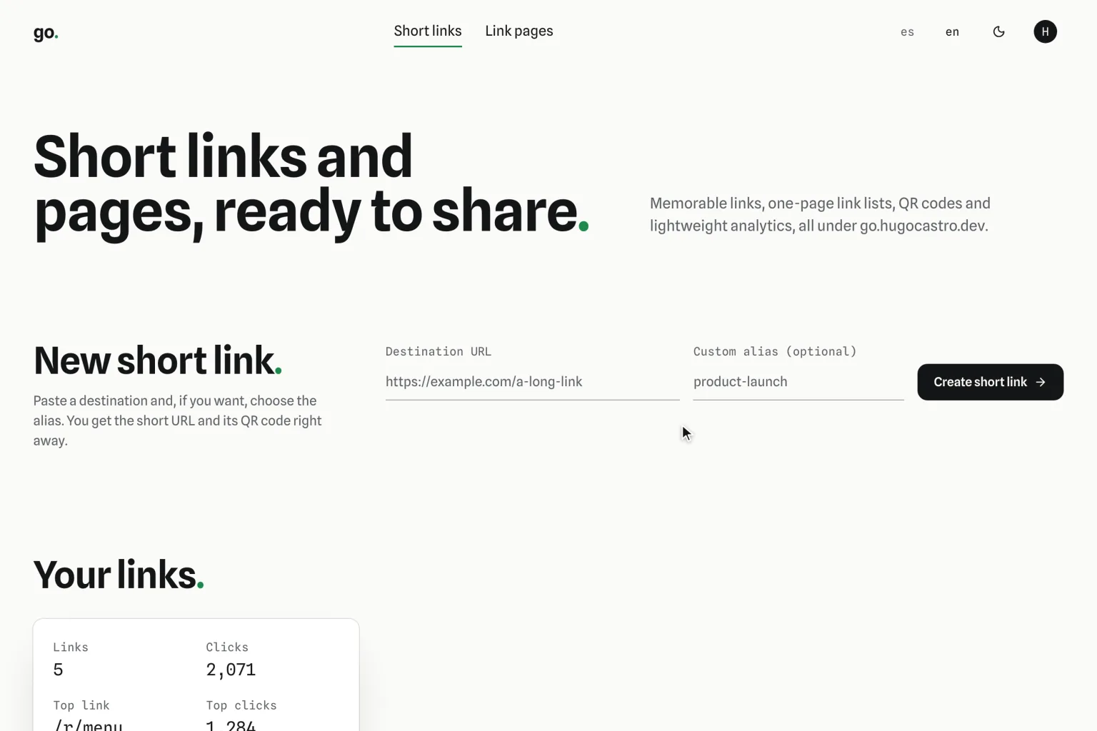 go. dashboard with a form to create a short link and a table of links with their clicks.