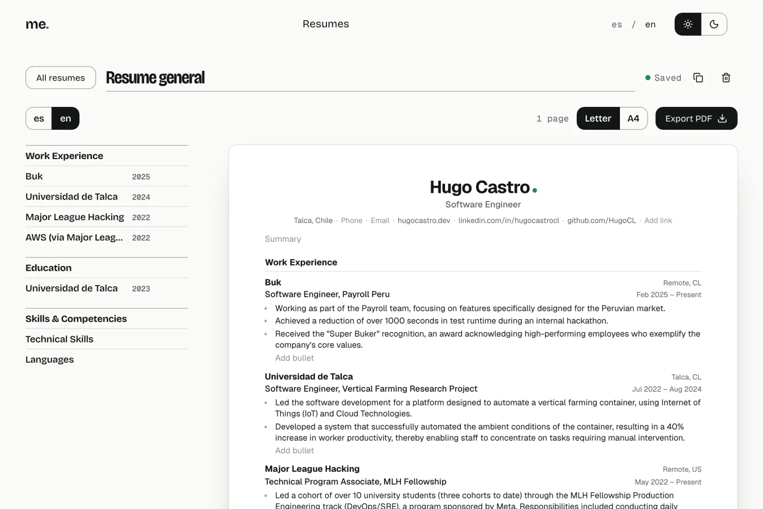 Resume editor with the section index on the left and the editable sheet on the right, under the document language, page size and Export PDF controls.