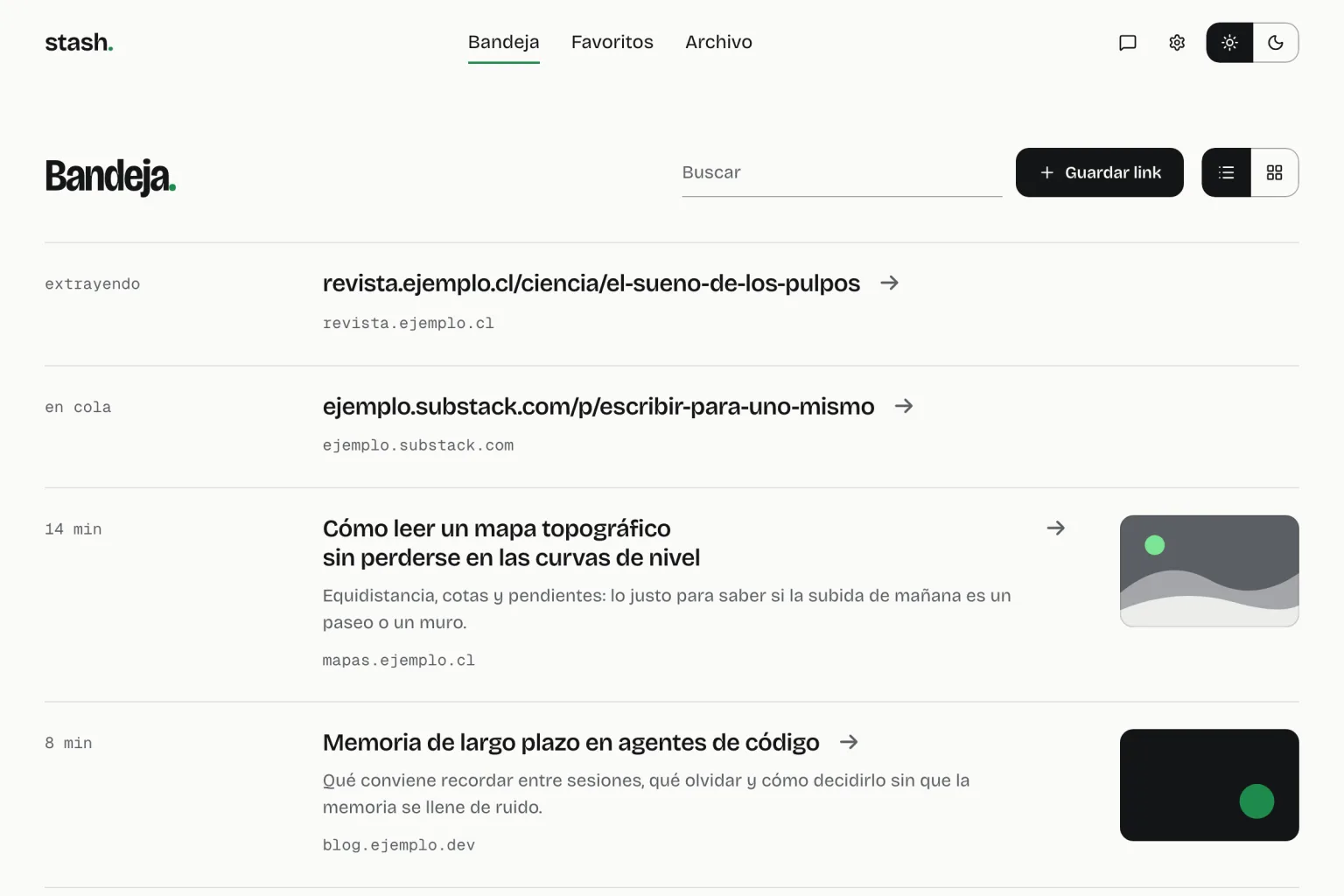stash. inbox (the interface is in Spanish): the list of saved links, the search box and the “Guardar link” button; opening an article shows its AI summary and the clean text.